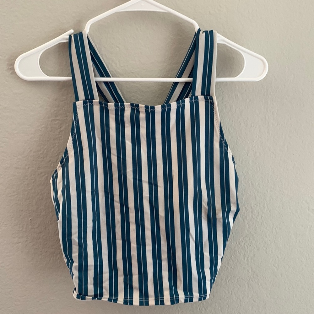 Old Navy Long Line Cream + Green Striped Swimsuit Top Sz XL